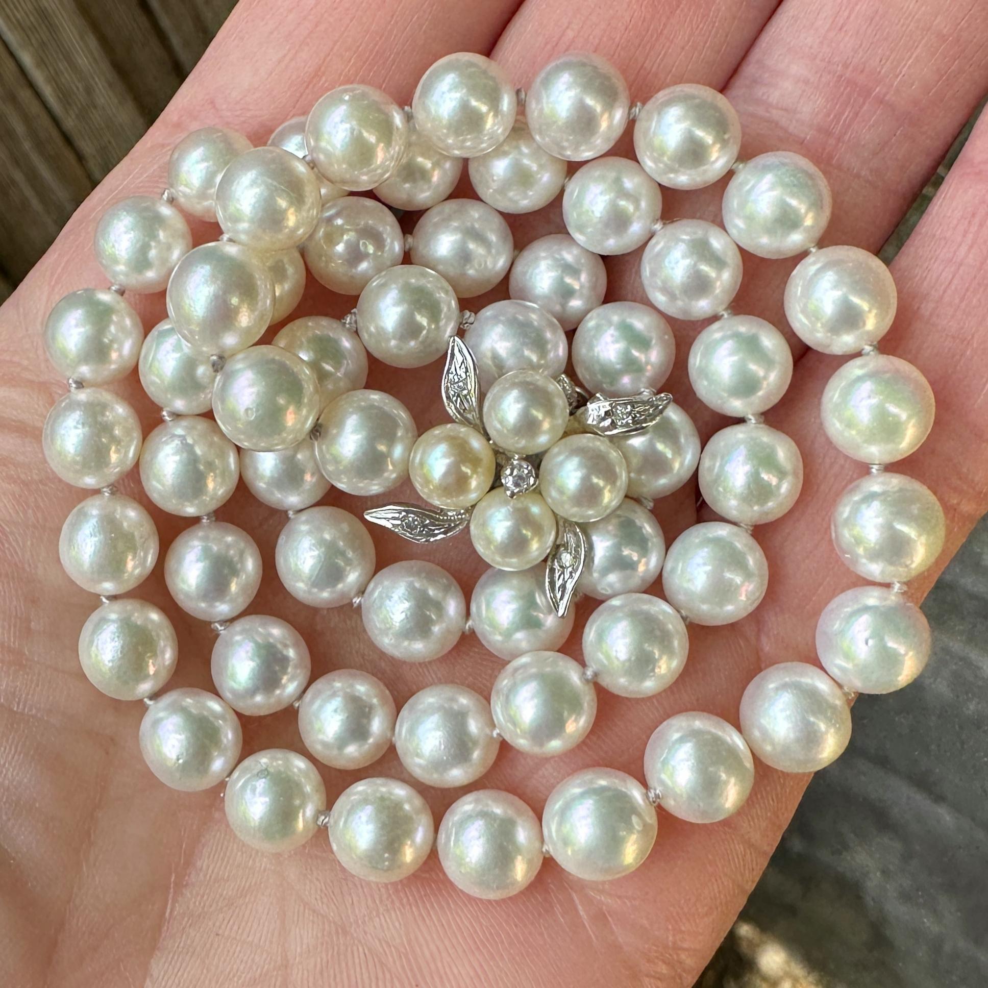 Princess Length 7mm Akoya Pearl Necklace with Vintage White Gold & Diamond Clasp For Sale 2