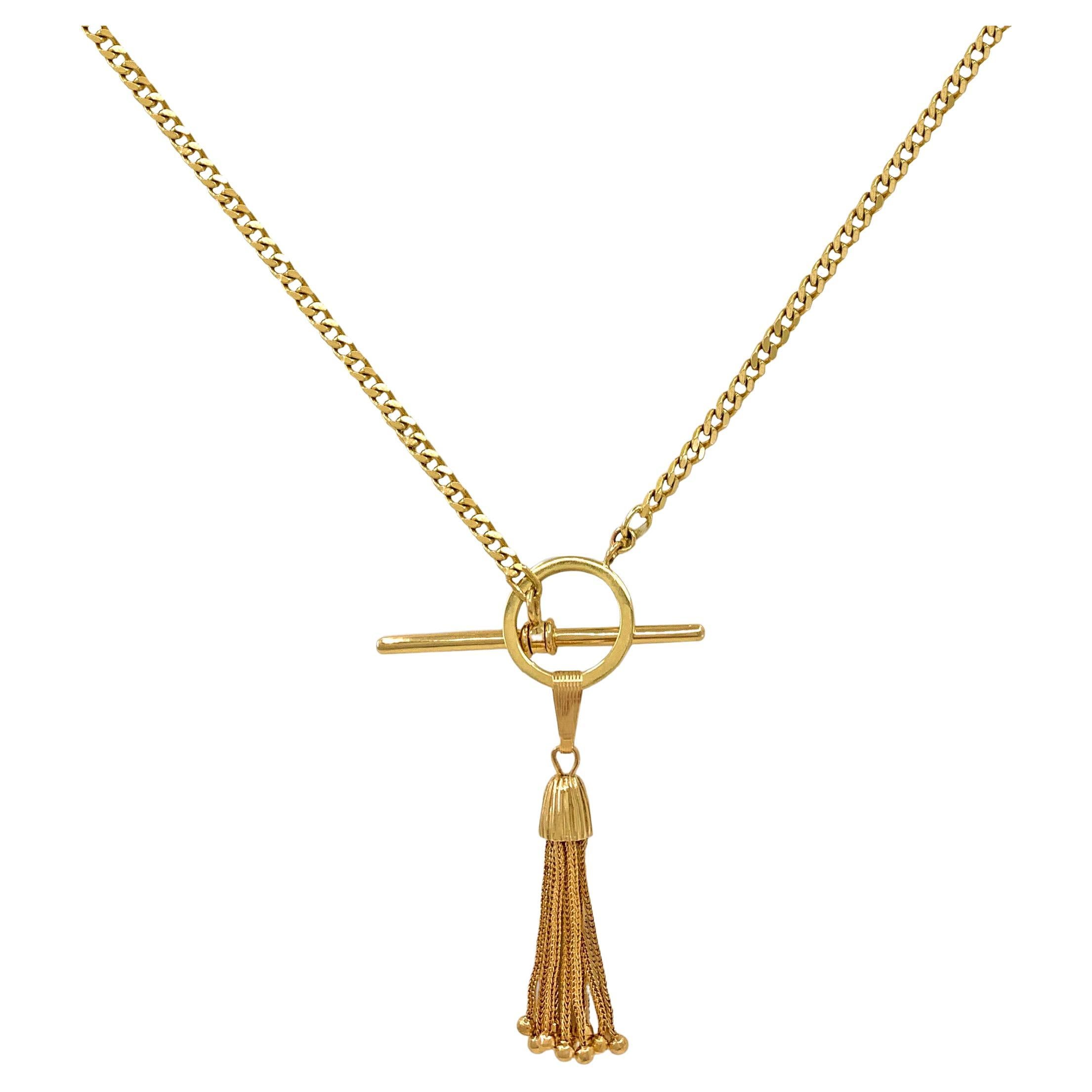 Princess Length Curb Chain with Toggle Closure & Tassel Ornament in Yellow Gold For Sale
