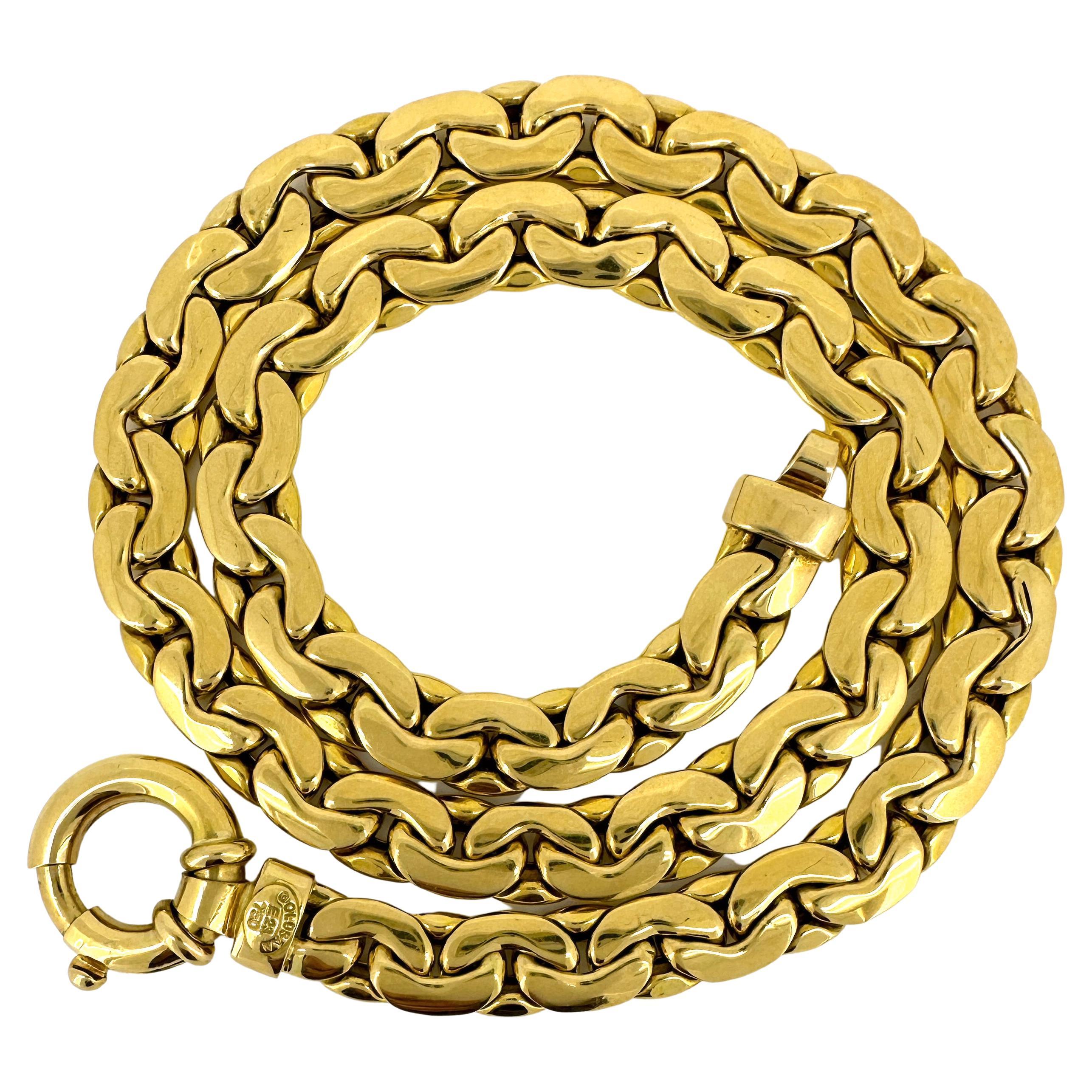 Princess Length Fancy C-Link Chain Necklace in Polished & Satin 18K Yellow Gold