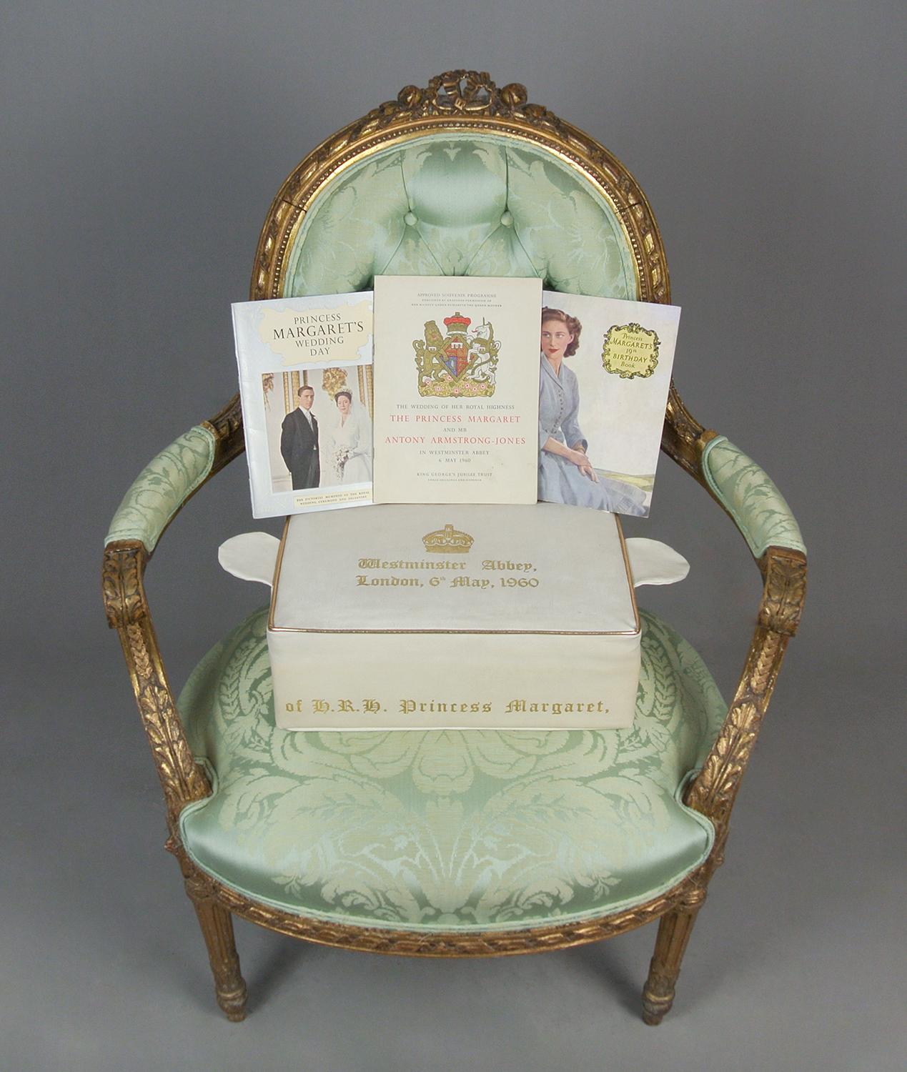 An original item used at the Wedding of Princess Margaret to Antony Armstrong-Jones, this cream leather Hassock (kneeling cushion) is embellished with gold script extending to all four sides ‘To Commemorate The Royal Wedding Of H.R.H Princess