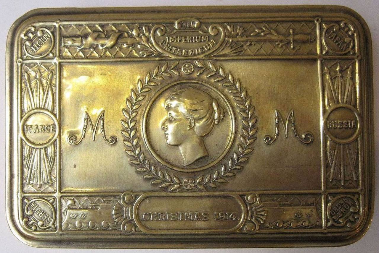 An authentic WWI-era Princess Mary box of brass.

A stamped brass box, circa 1914, given as a thank you gift to all commissioned British troops at Christmas 1914 by HRH Princess Mary (daughter of King George V).
Originally filled with packets of
