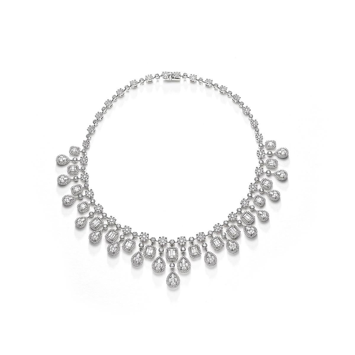 Necklace in 18kt white gold set with 170 pear-shaped, baguette, princess marquise cut diamonds 8.42 cts and 1188 diamonds 15.06 cts