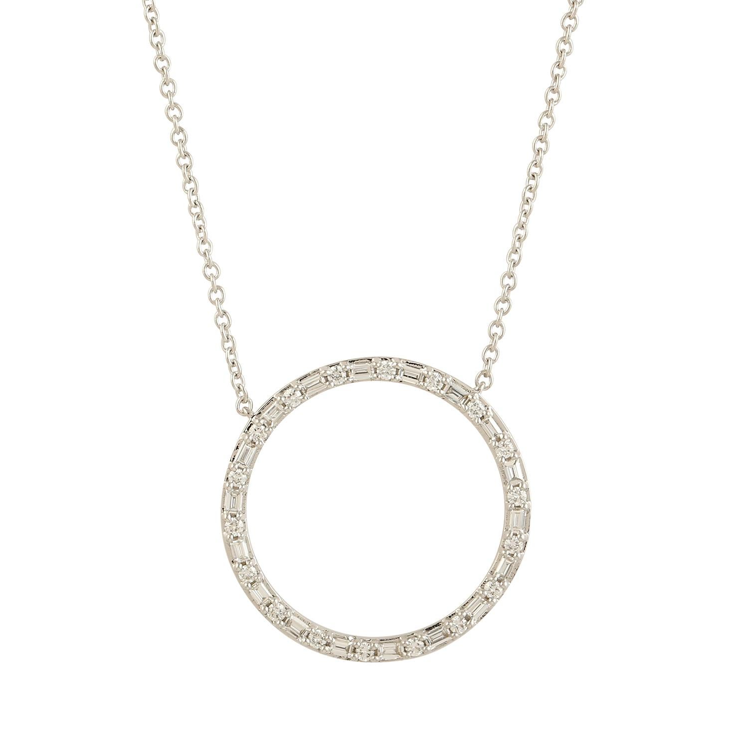 Art Deco Circle Of Life Necklace with Baguette Diamonds Made in 18k White Gold For Sale