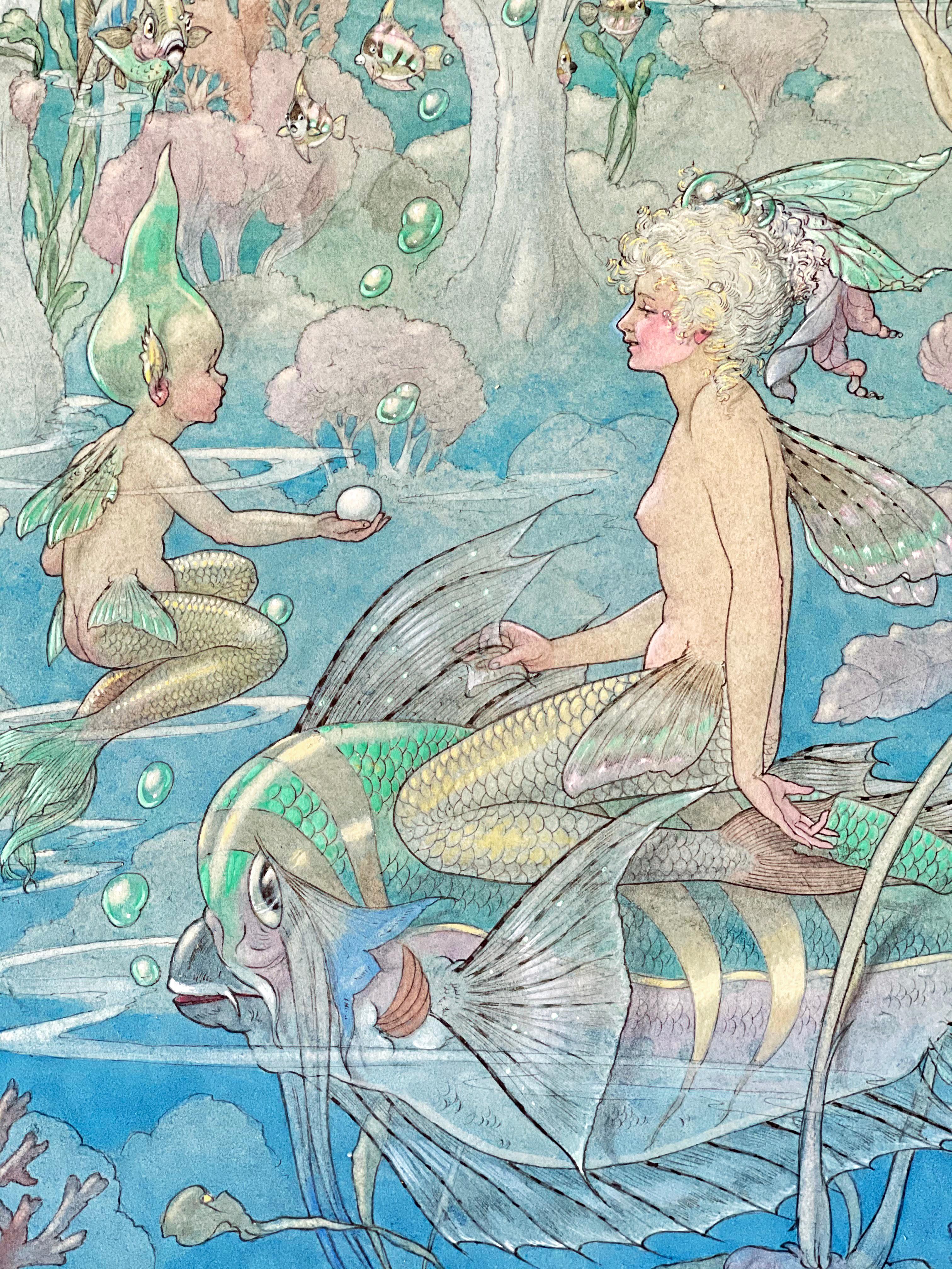 Painted with very fine detail and a brilliant use of jewel-toned color, this fantastic and charming depiction of a mermaid riding on an exotic fish, surrounded by water babies and exotic flora, dates to 1931. Painted as the Depression was taking