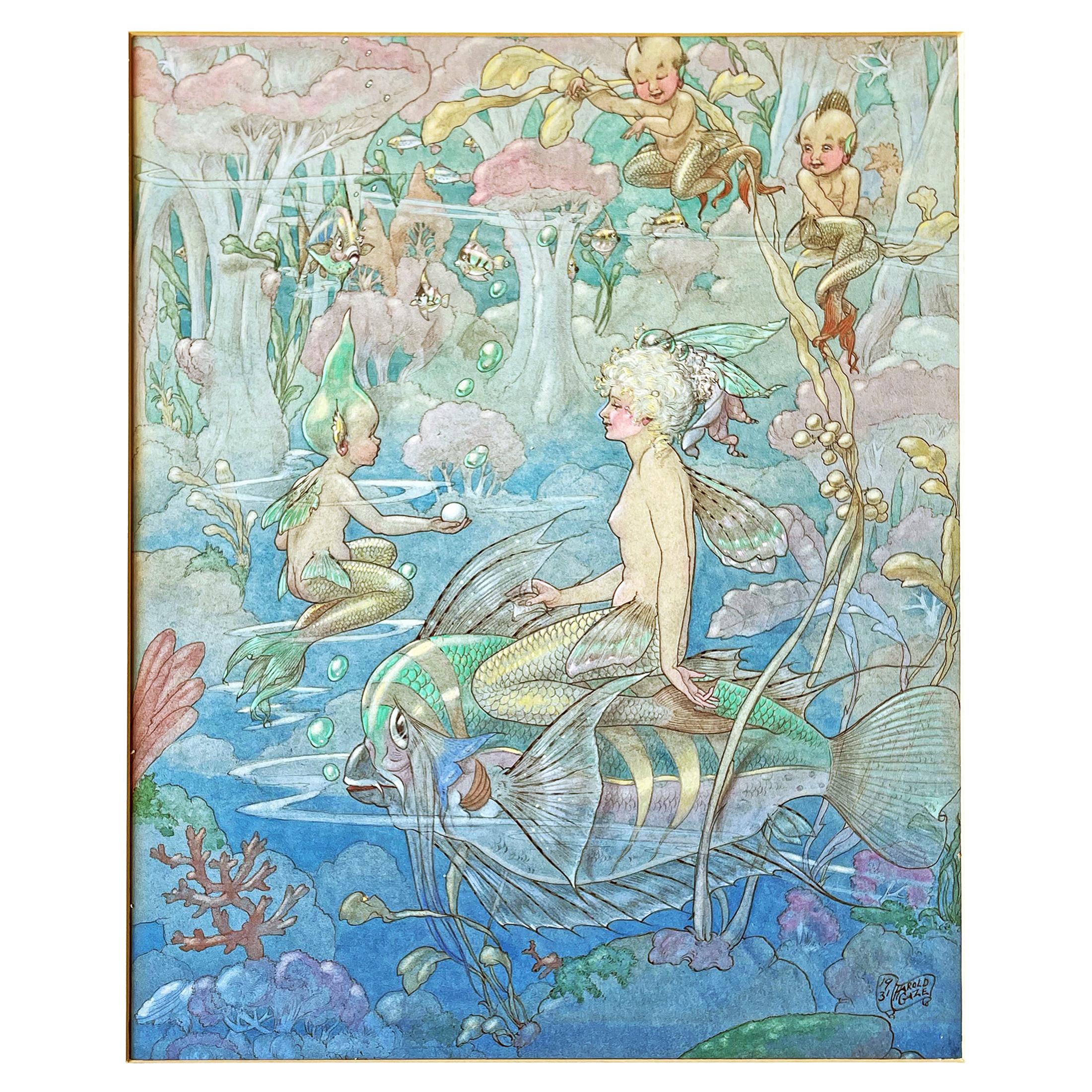 "Princess of the Sea, " Illustration Painting in Blues, Greens with Mermaid, Fish