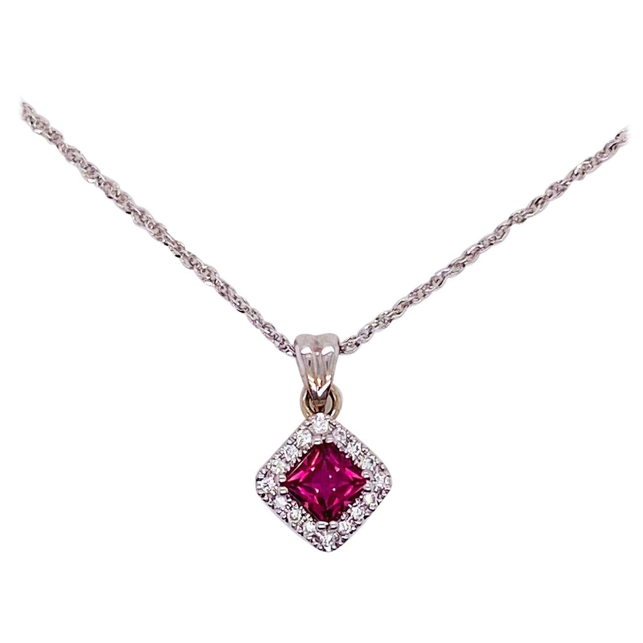 Princess Pink Tourmaline and Diamond Halo Pendant 14 Karat Gold Singapore Chain