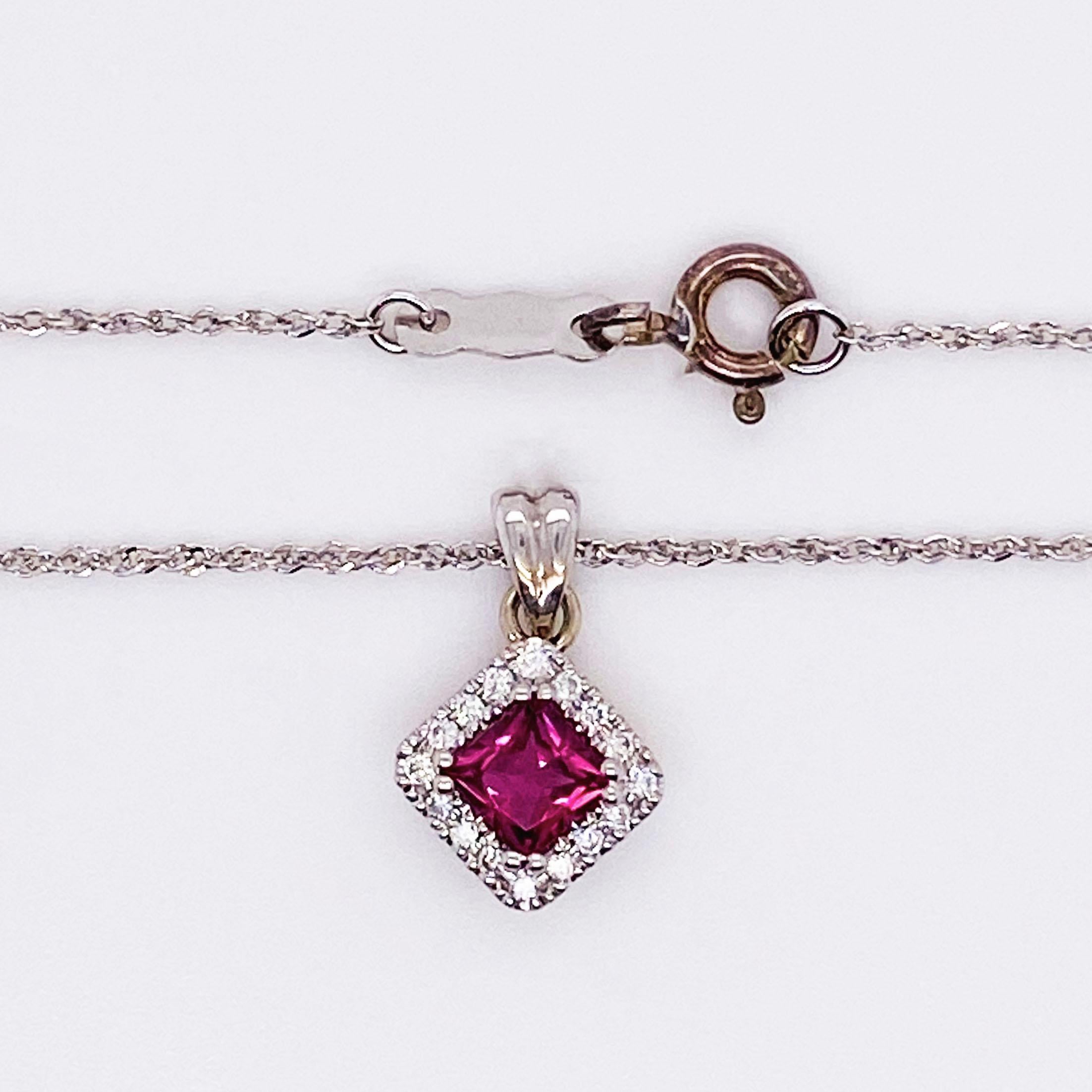 Adorable pink tourmaline and diamond halo pendant, the perfect gift for any October birthday or anniversary! The sweet pink tourmaline pendant has a princess cut, or square, genuine pink tourmaline gemstone set in four prongs with a bright white