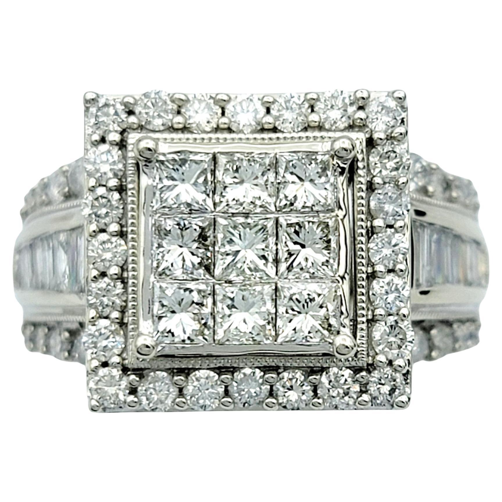 Prinzessin, runder und quadratischer Baguette-Cluster-Diamantring aus poliertem Weißgold