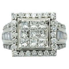 Princess, Round and Baguette Squared Cluster Diamond Ring in Polished White Gold
