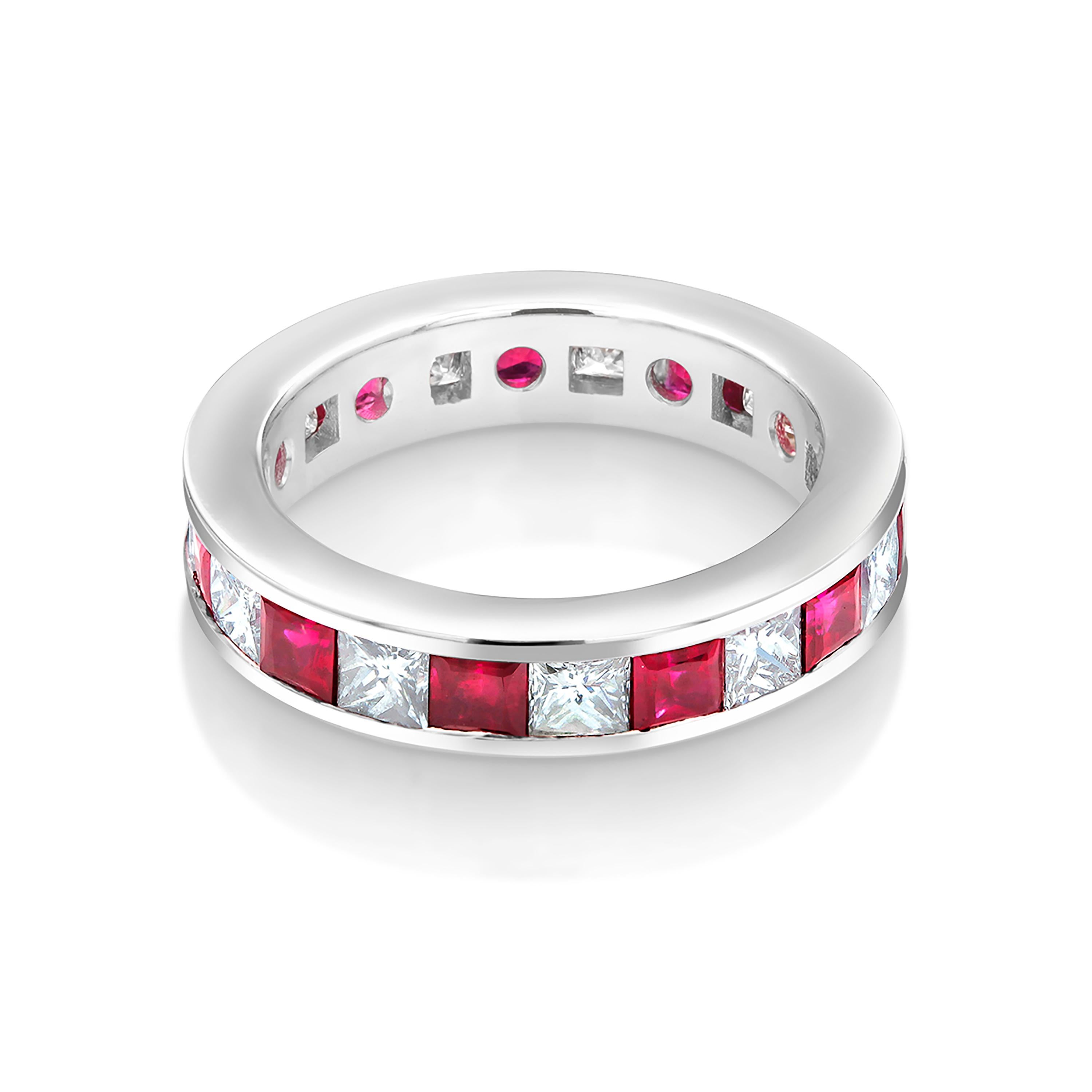 Contemporary Princess Ruby Princess Diamond Eternity 18 Karat Gold Ring Weighing 4.80 Carat
