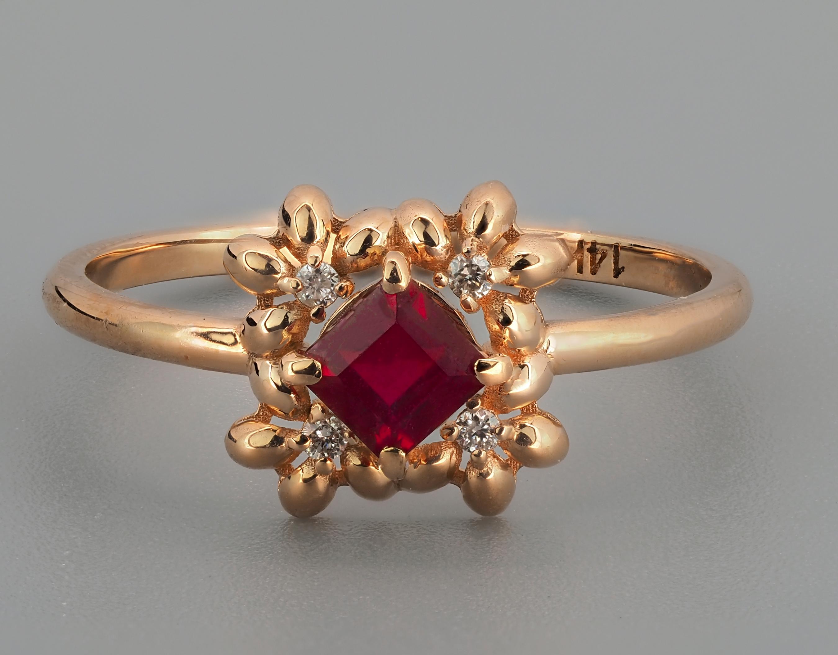 Princess Ruby Ring in 14k Gold. 
Dainty ruby Ring. Princess Ruby, Diamonds. Minimalistic ruby Ring. July birthstone ring.

Metal type: Gold
Metal stamp: 14k Gold
Weight: 1.6 gr. depends from size.

Gemstones:
Set with ruby, color - red
Princess cut,