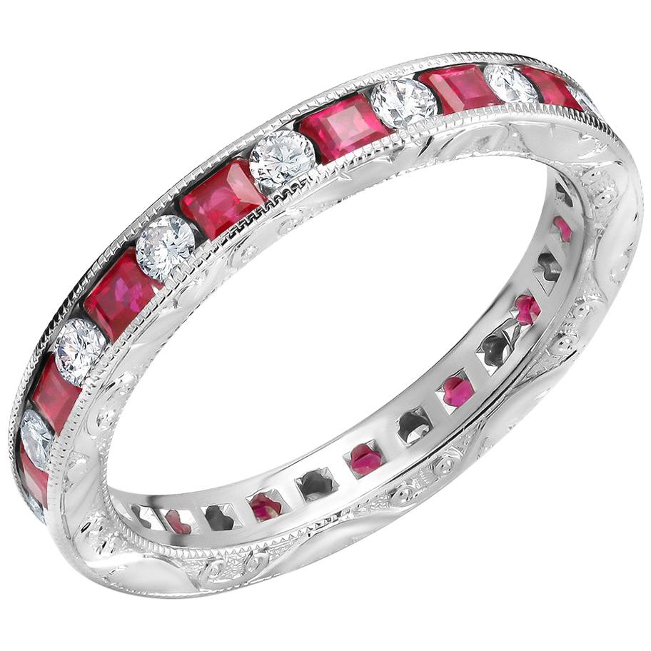 Princess Ruby and Diamond Eternity Hand Engraved Eighteen Karat Gold Ring