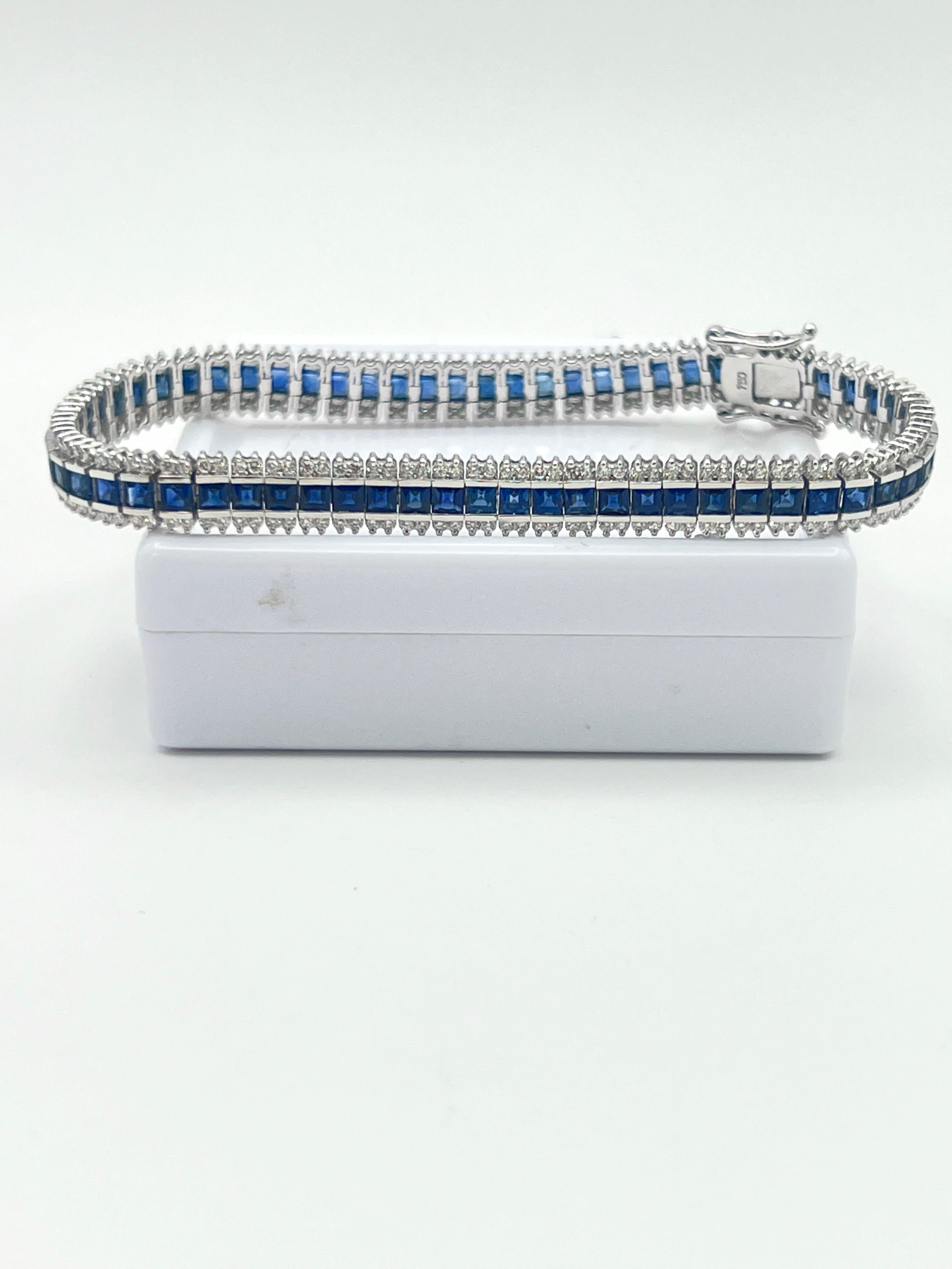 Pulsera de zafiro princesa y diamantes en oro blanco de 18 quilates Contemporáneo en venta
