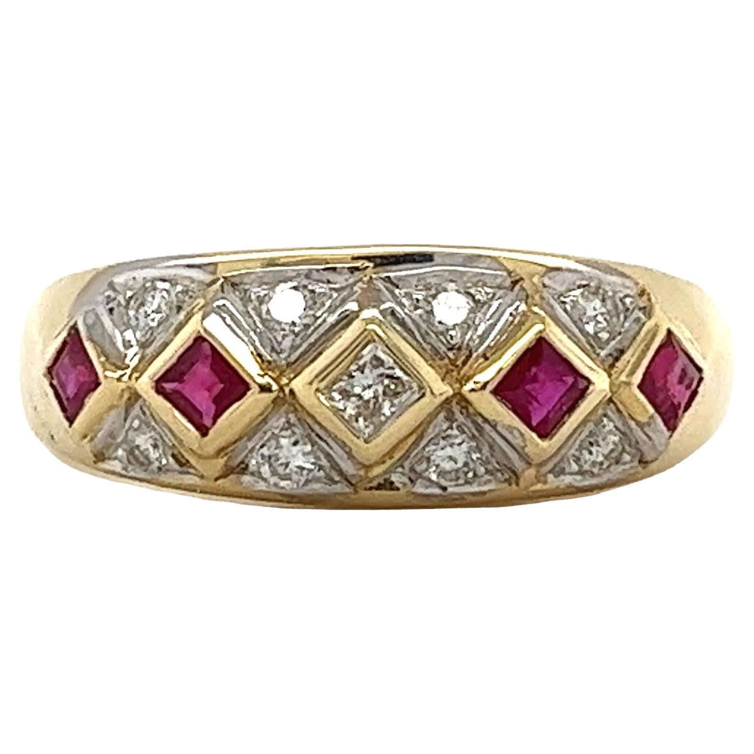 Princess Square Cut Ruby and Diamond Art Deco Style Ring in 14k Gold