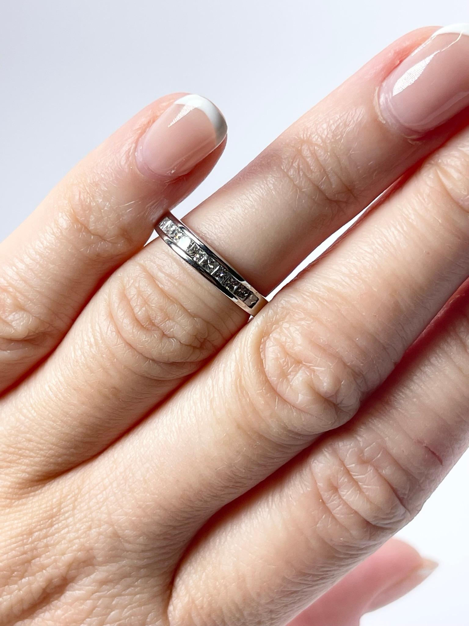 Modernist Princess Wedding Band 14KT White Gold Marriage Ring Half Wat Set Square Diamonds For Sale