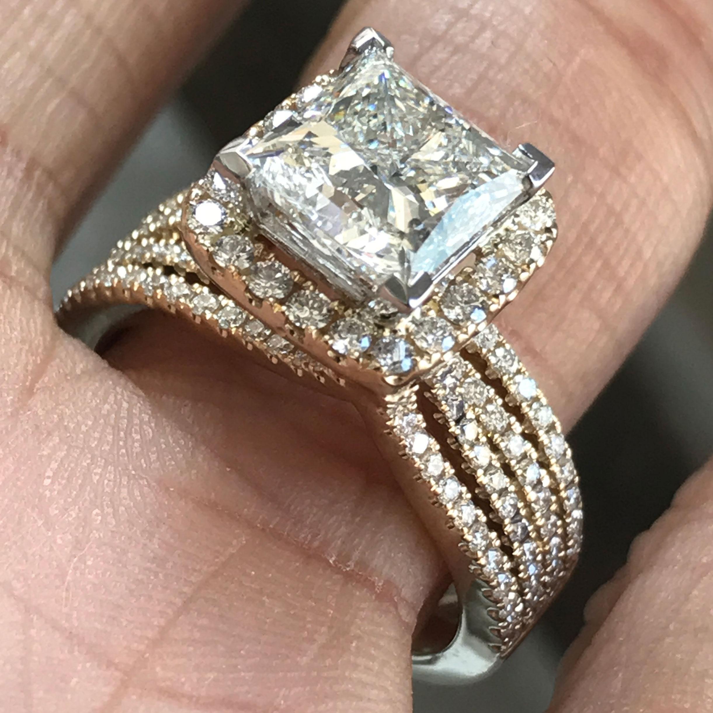 Princess with Halo Diamond Ring 44 Row Split Shank 14 Karat Y, Ben Dannie In New Condition For Sale In West Hollywood, CA