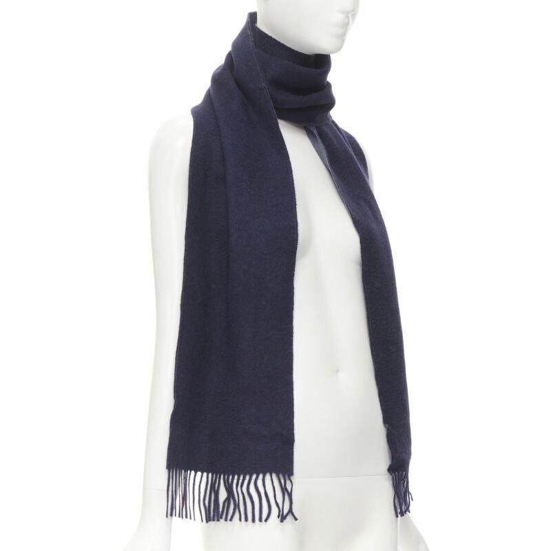 Black PRINGLE OF SCOTLAND 100% cashmere navy blue tassel fringe scarf For Sale