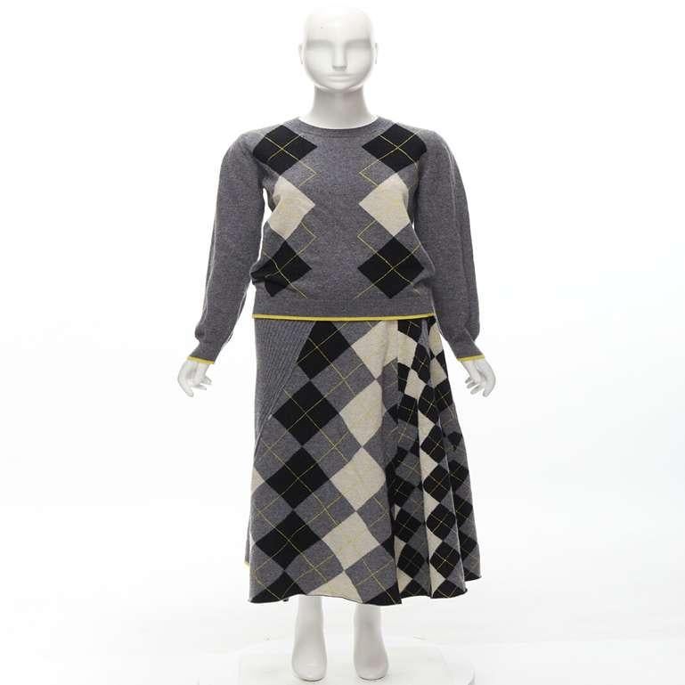 PRINGLE OF SCOTLAND wool grey argyle yellow sweater asymmetric midi skirt XS For Sale 6