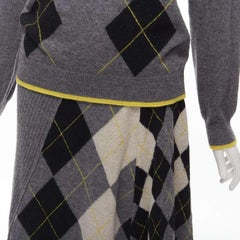 PRINGLE OF SCOTLAND wool grey argyle yellow sweater asymmetric midi skirt XS