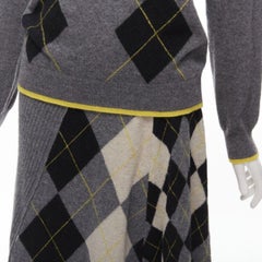PRINGLE OF SCOTLAND wool grey argyle yellow sweater asymmetric midi skirt XS