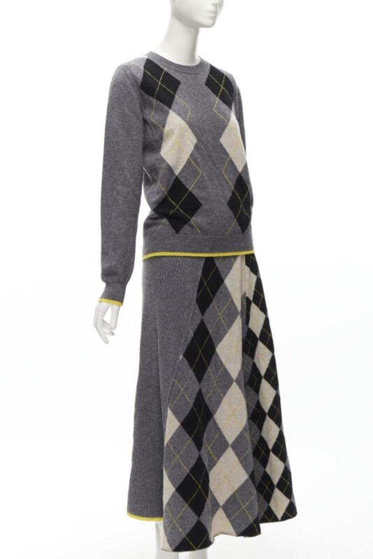 Gray PRINGLE OF SCOTLAND wool grey argyle yellow sweater asymmetric midi skirt XS For Sale