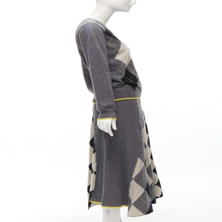 Gray PRINGLE OF SCOTLAND wool grey argyle yellow sweater asymmetric midi skirt XS For Sale
