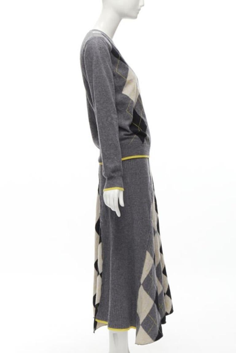 PRINGLE OF SCOTLAND wool grey argyle yellow sweater asymmetric midi skirt XS In Excellent Condition For Sale In Hong Kong, NT