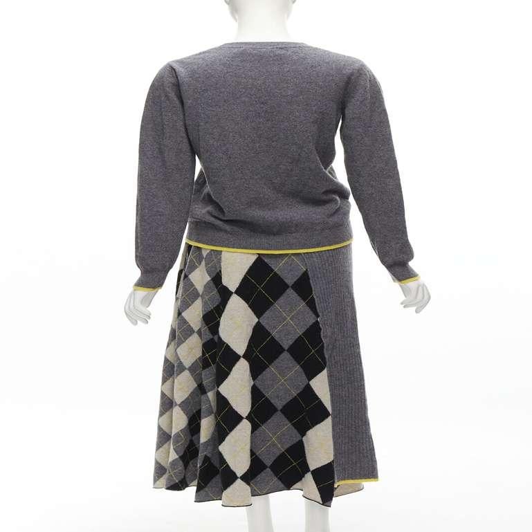 PRINGLE OF SCOTLAND wool grey argyle yellow sweater asymmetric midi skirt XS In Excellent Condition For Sale In Hong Kong, NT