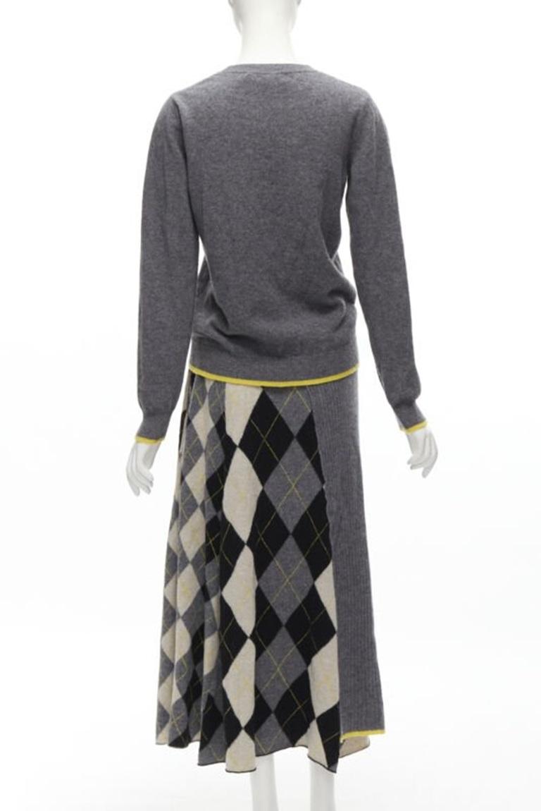 Women's PRINGLE OF SCOTLAND wool grey argyle yellow sweater asymmetric midi skirt XS For Sale