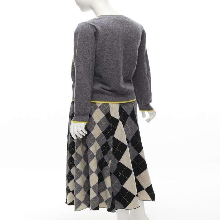Women's PRINGLE OF SCOTLAND wool grey argyle yellow sweater asymmetric midi skirt XS For Sale