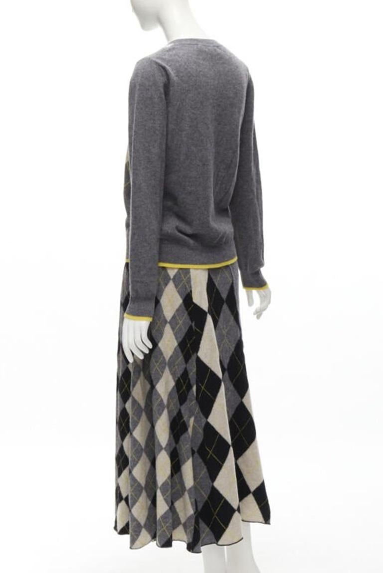 PRINGLE OF SCOTLAND wool grey argyle yellow sweater asymmetric midi skirt XS For Sale 1