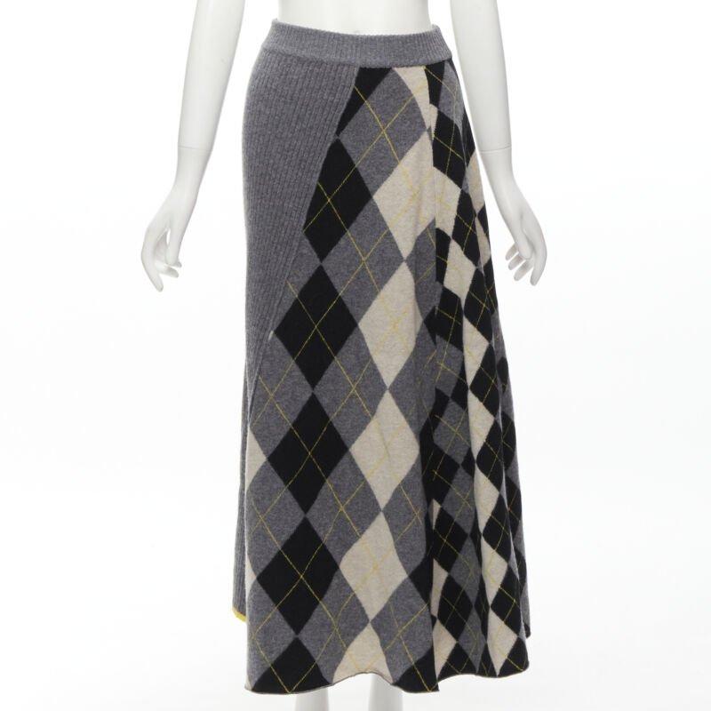 PRINGLE OF SCOTLAND wool grey argyle yellow sweater asymmetric midi skirt XS For Sale 2