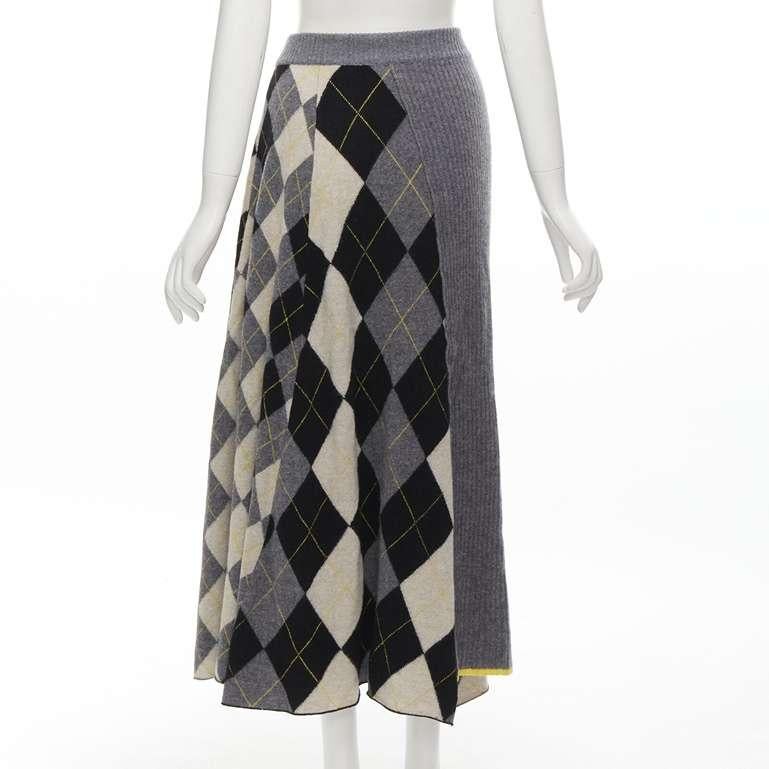 PRINGLE OF SCOTLAND wool grey argyle yellow sweater asymmetric midi skirt XS For Sale 2