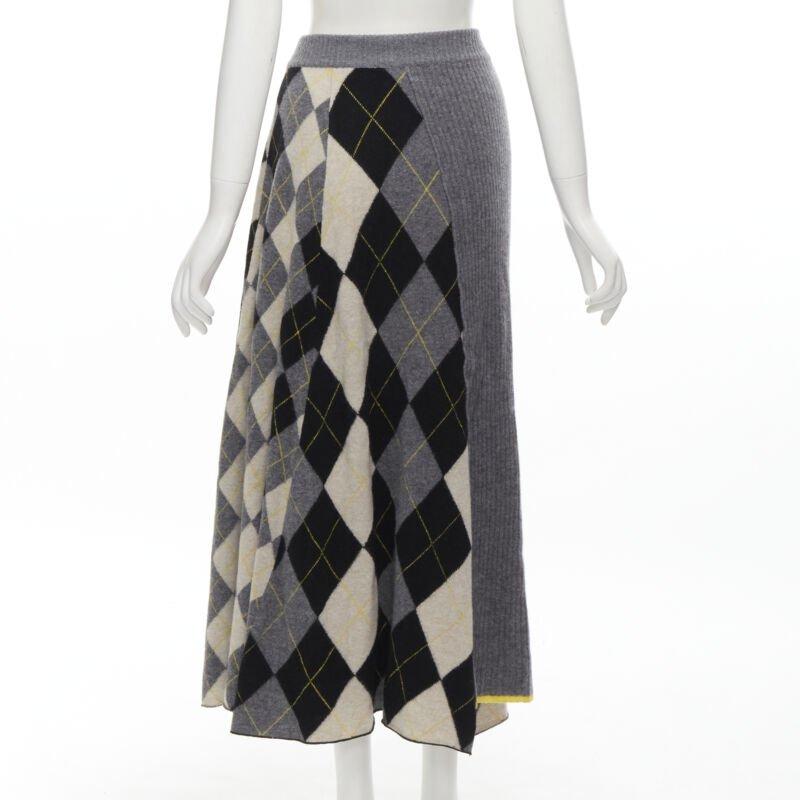 PRINGLE OF SCOTLAND wool grey argyle yellow sweater asymmetric midi skirt XS For Sale 3