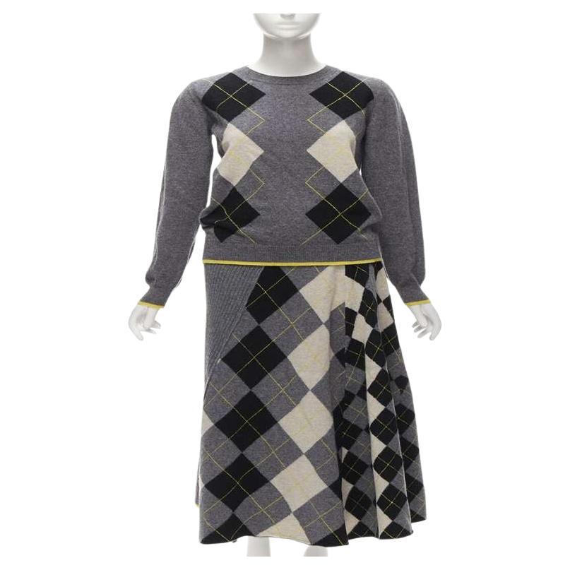 PRINGLE OF SCOTLAND wool grey argyle yellow sweater asymmetric midi skirt XS For Sale
