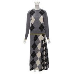 PRINGLE OF SCOTLAND lana gris argyle amarillo jersey falda midi asimétrica XS