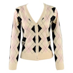 PRINGLE Size S Cream Pink Black Cashmere Argyle V-Neck Cardigan PRINGLE Size S Cream Pink Black Cashmere Argyle V-Neck Cardigan