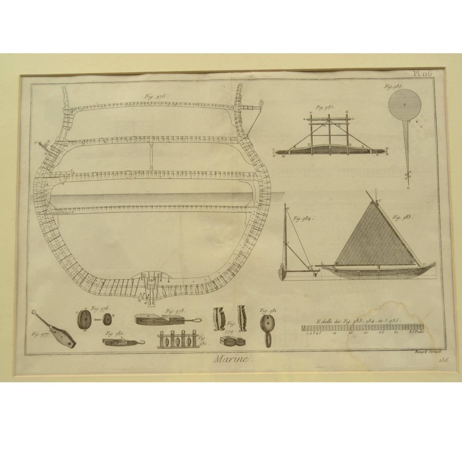 Print by engraving on copper plate from the Panckoucke Encyclopédie méthodique, end of the 18th century, volume Marine Planches (more than 1,500 figures dealing with all subjects on the marina: planes, construction, carpentry, tree trunks, armaments