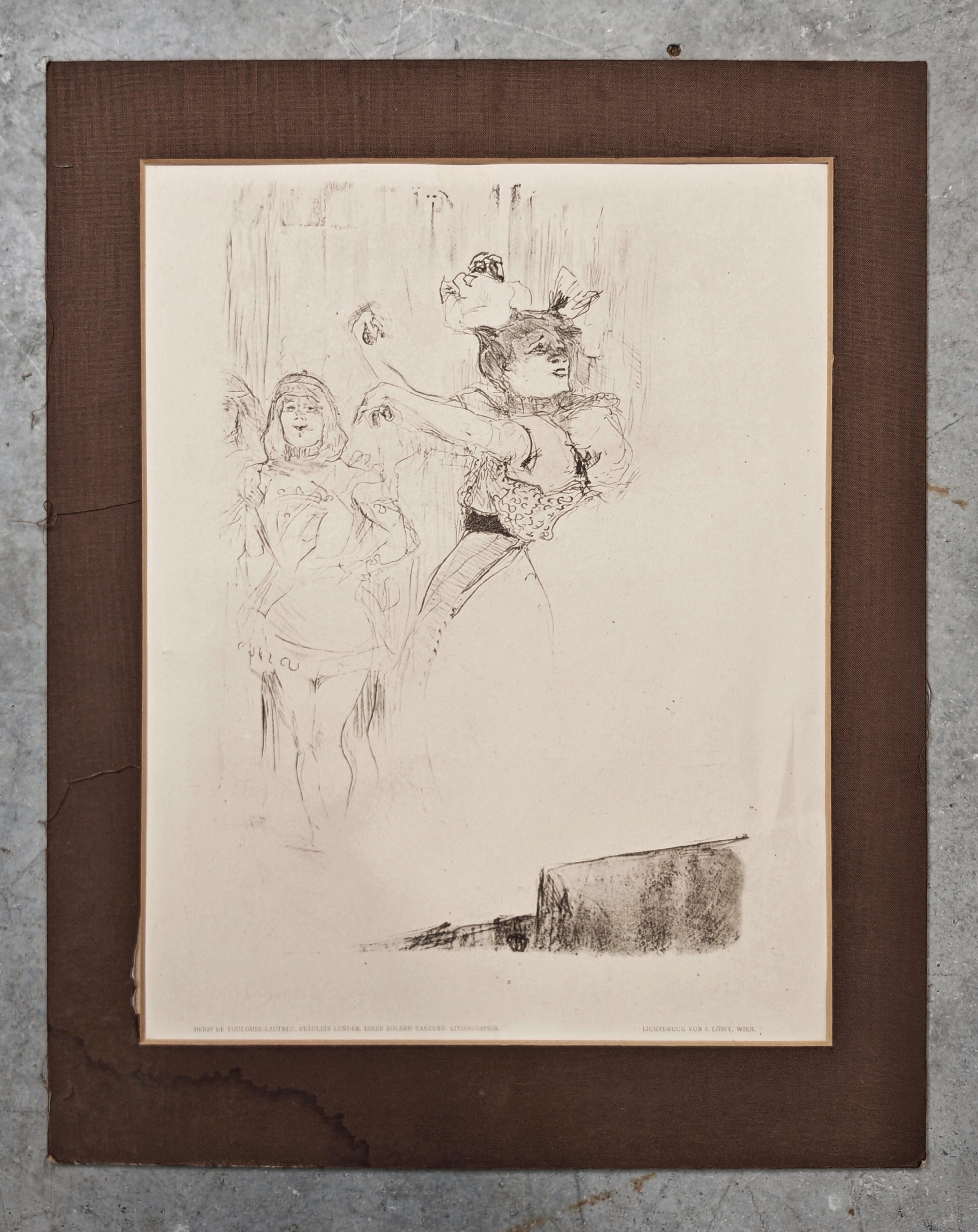 In this listing you will find a collotype or photolithography by 
Henri de Toulouse-Lautrec, depicting  Miss Lender, Dancing a Bolero. 

The original piece titled “Mlle Lender, dansant le boléro” (1895) is an original lithograph by Toulouse-Lautrec,