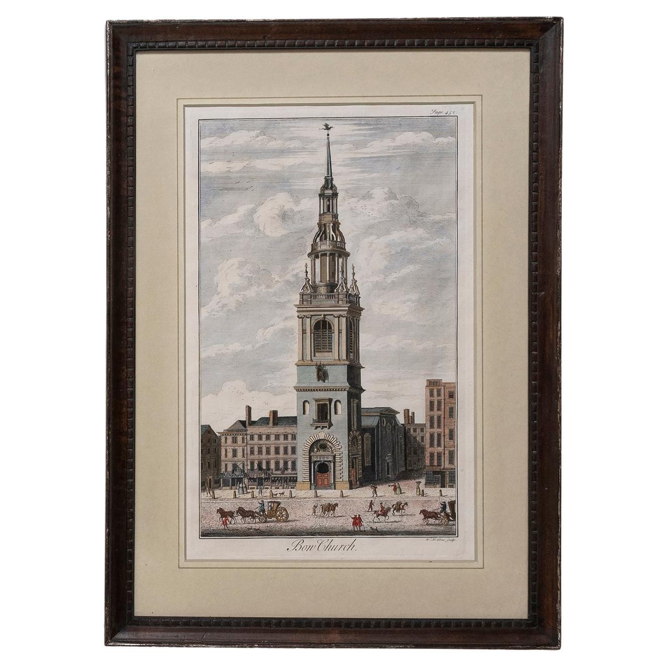 Print, English George II, Hand-Colored, Copperplate, Engraved, Bow Church, 1739 For Sale