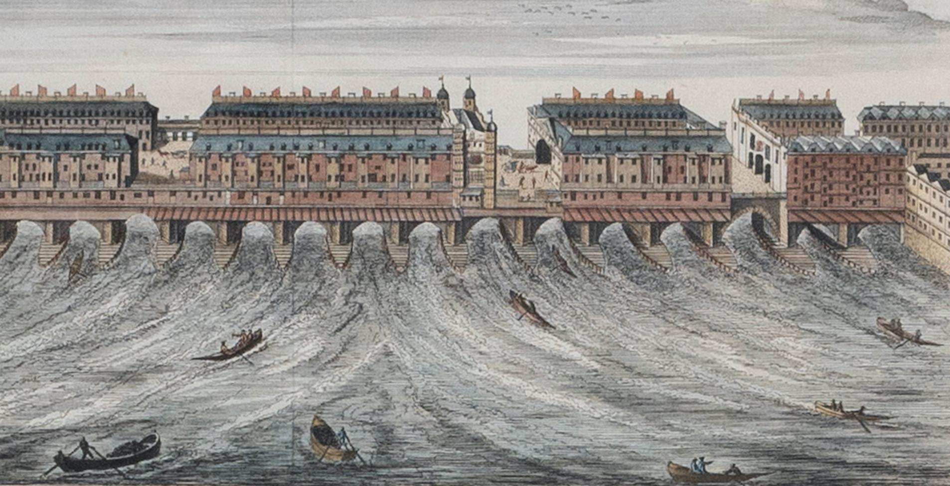 18th Century and Earlier Print, Handcolored, Copperplate, Engraved, London Bridge, William Maitland, 1739 For Sale