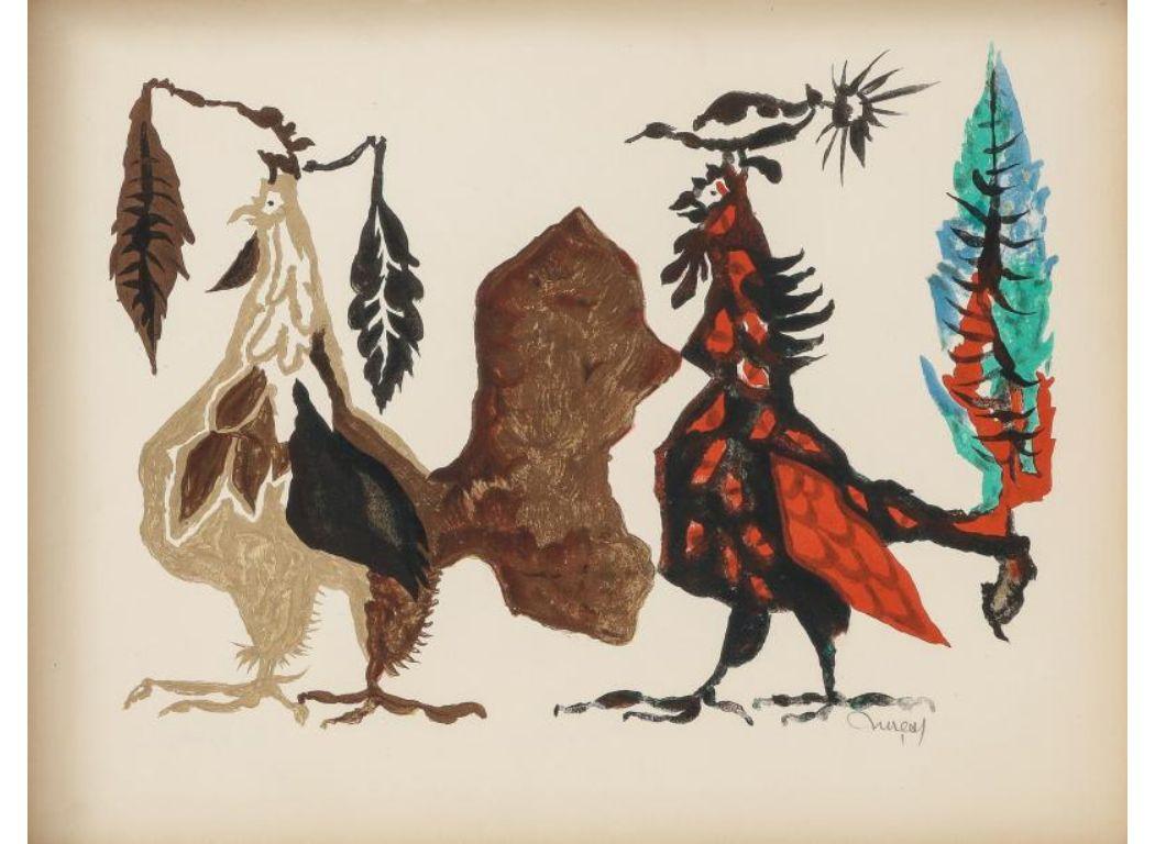 Expressive painting of regal birds. Jean Lurçat was well known for his large, imaginative tapestries. The figures depicted in this drawing are reminiscent of reoccurring characters in Lurçat's tapestry work.
