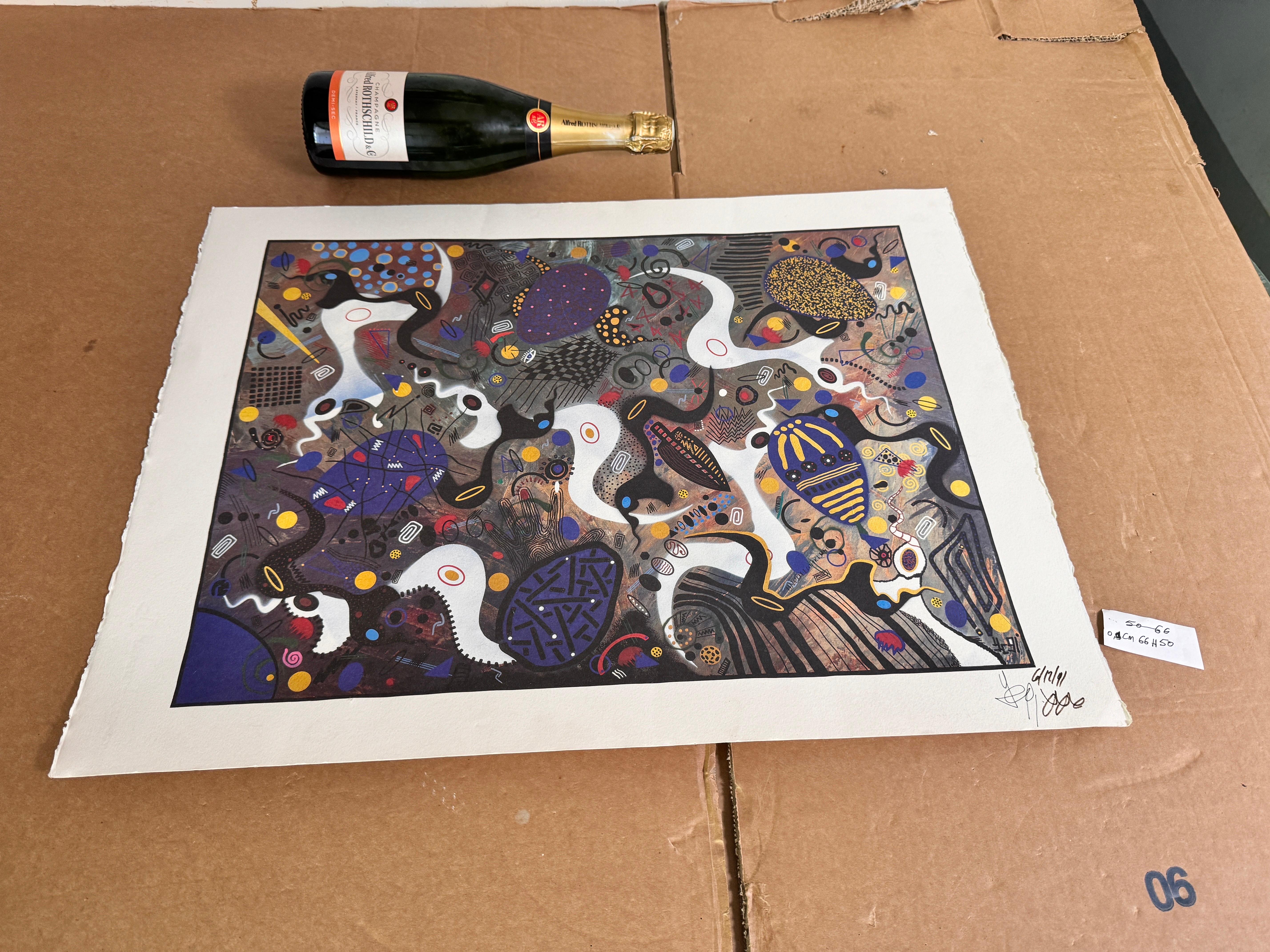 French Print Modern Abstract Style blue color signed and Dated 19991 For Sale