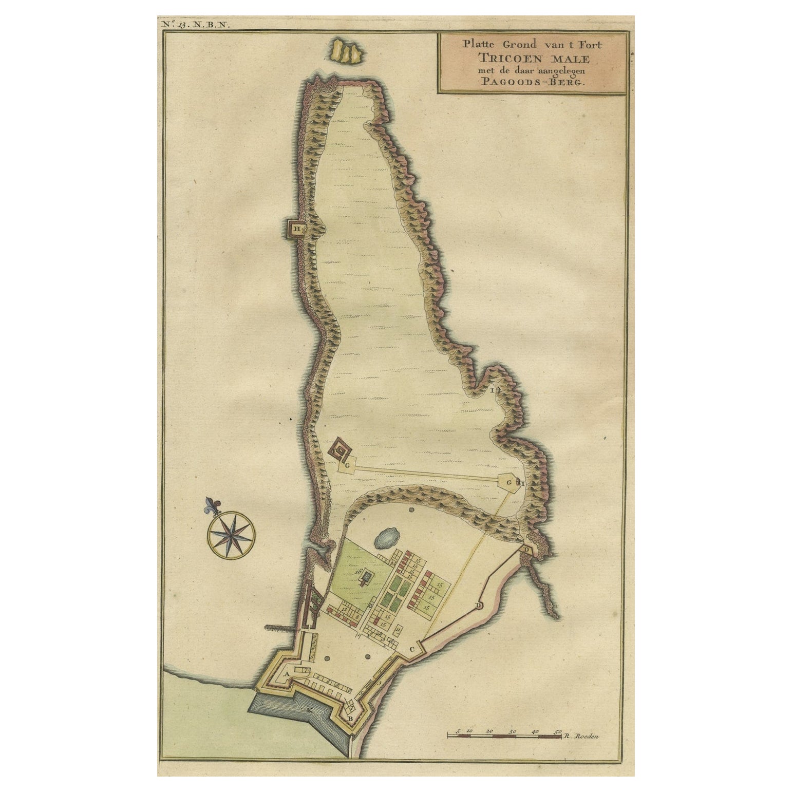 Impression d'un Fort VOC néerlandais sur la péninsule Trincomalee, Ceylan (Sri Lanka), 1726