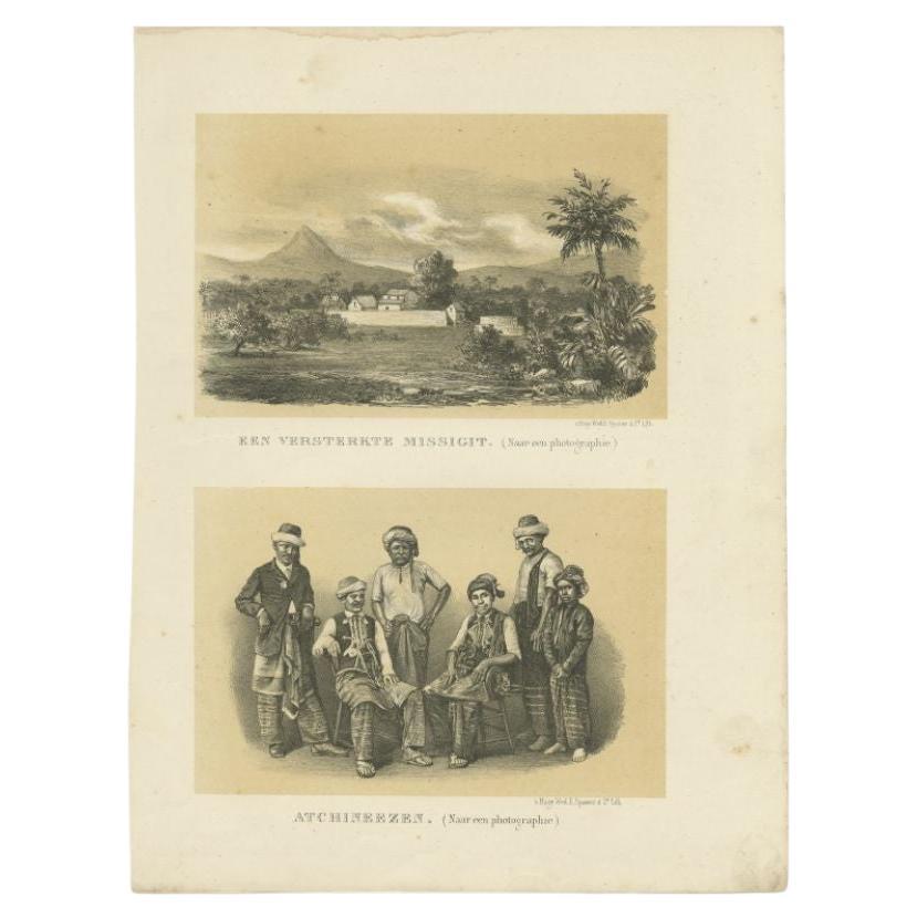Antique print Indonesia titled 'Een versterkte Missigit' and 'Atchineezen'. Antique print depicting two scenes in Indonesia. Originates from 'De Oorlog tusschen Nederland en Atchin' by G.L. Klepper.

Artists and Engravers: Published by 's Hage