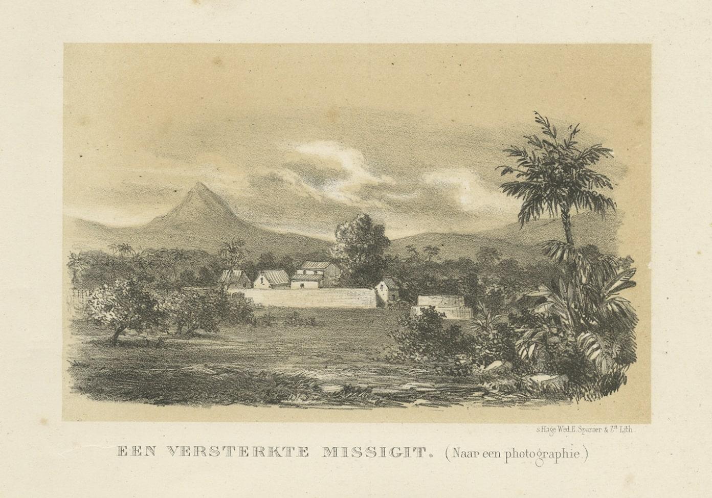 Print of a Fortified Mosque and of Nobility in Aceh, Sumatra, Indonesia, 1874 In Good Condition For Sale In Langweer, NL