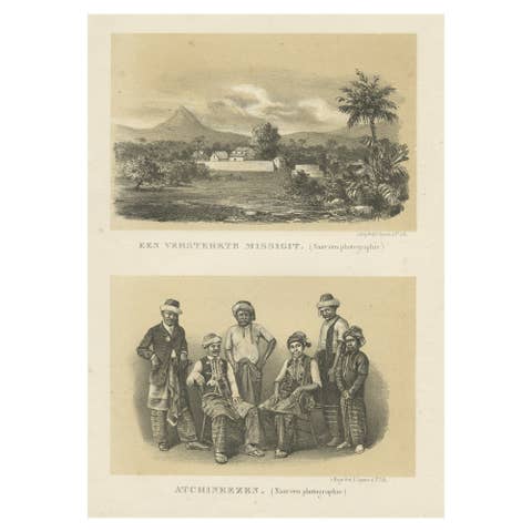 Print of a Fortified Mosque and of Nobility in Aceh, Sumatra, Indonesia, 1874