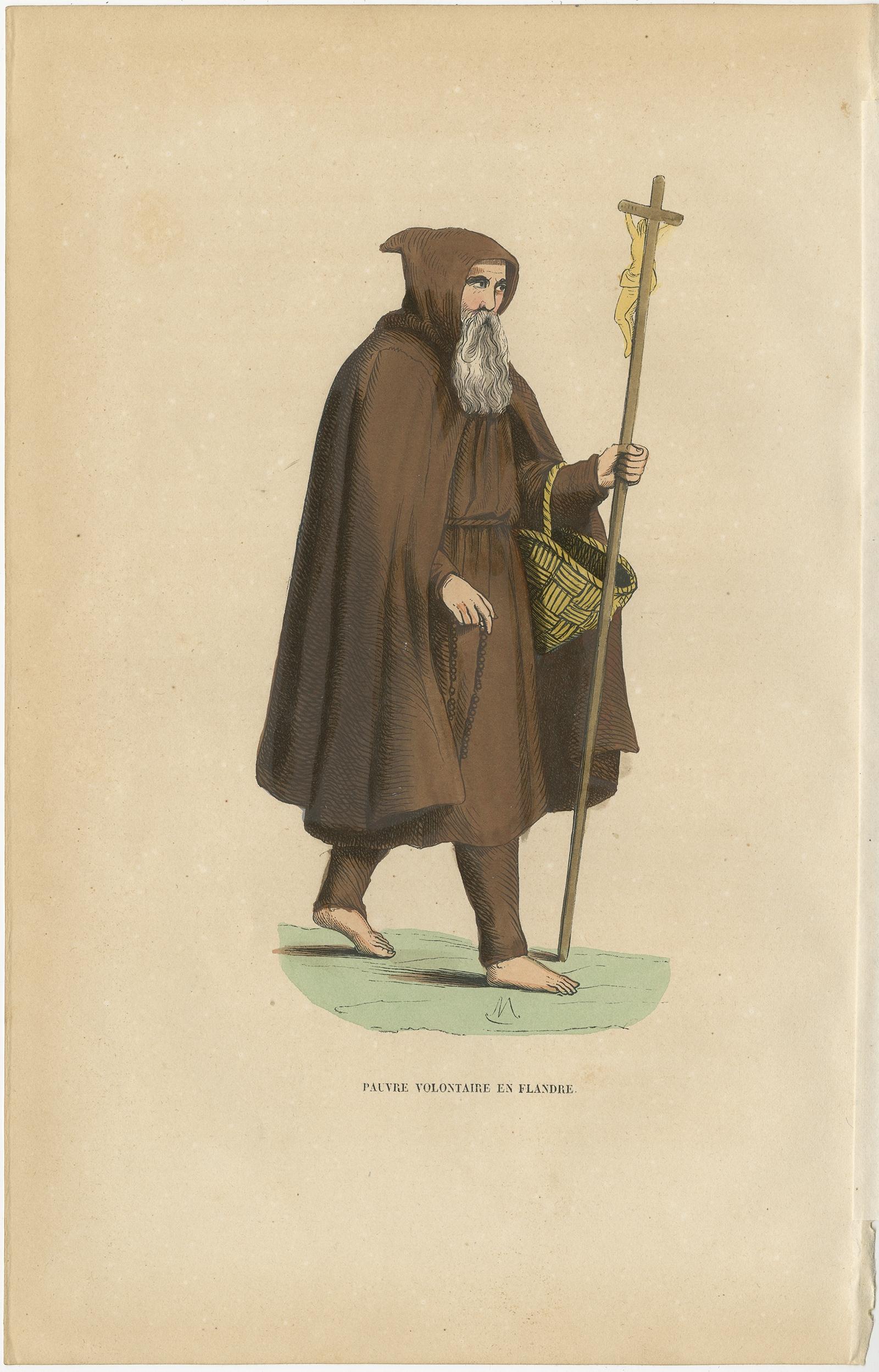 Antique print titled 'Pauvre Volontaire en Flandre'. 

Print of a Monk of the order of Poor Volunteers with crucifix and basket. This print originates from 'Histoire et Costumes des Ordres Religieux'.

Artists and Engravers: Author: Abbé Tiron.