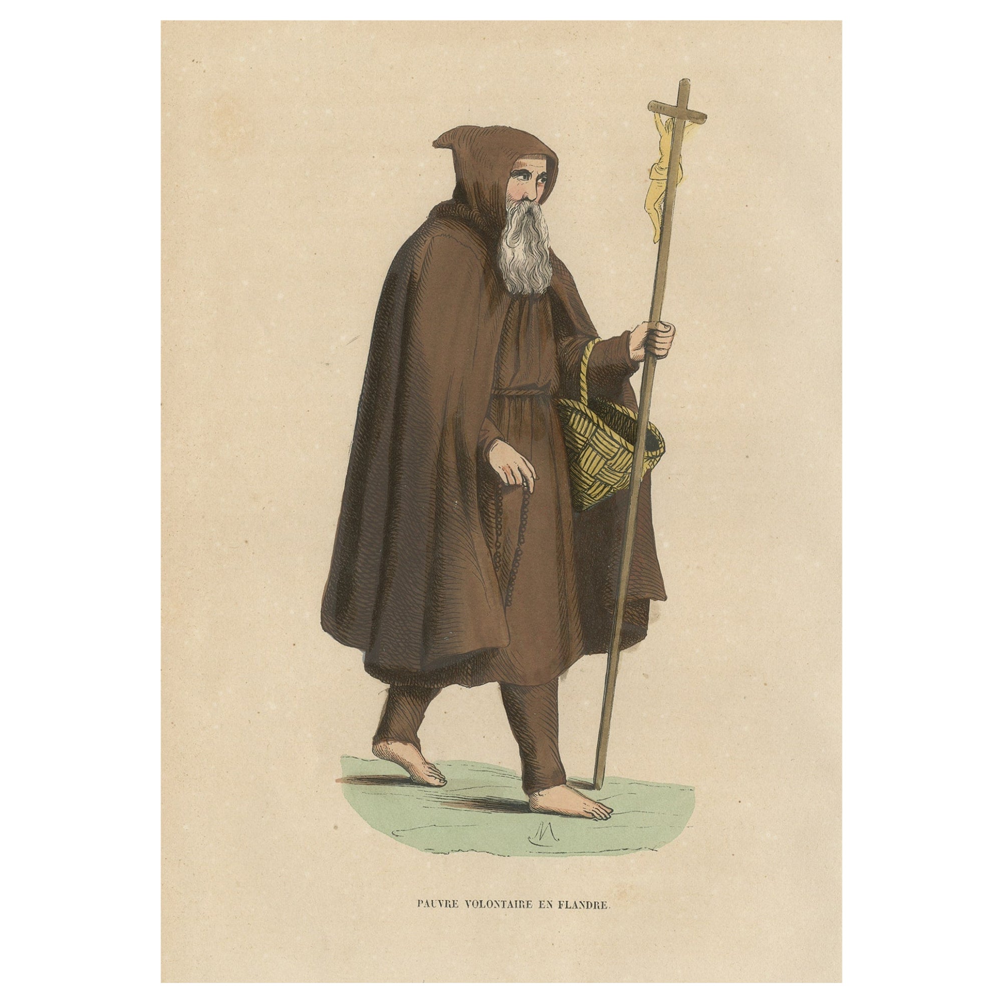 Druck eines Mönchs des Ordens der armen Volunter mit Kruzifix, 1845 im Angebot