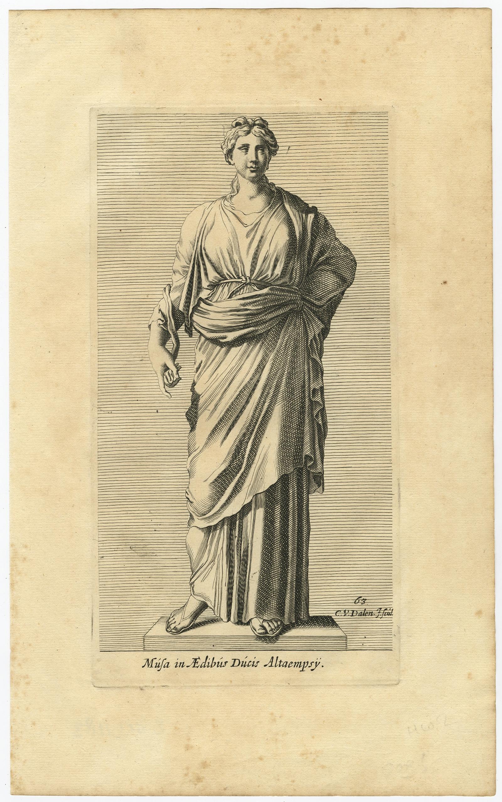 Description: Antique print, titled: 'Musa in Aedibus Ducis Altaempsy.' - Statue of a Muse in Rome. The Muses are the inspirational goddesses of literature, science, and the arts in Greek mythology.

From the 1660 Dutch edition of 'Icones et Segmenta